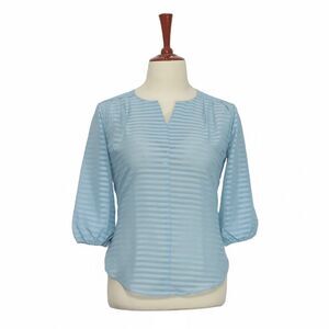 Womens Silky Blouse Blue Striped Chiffon 3/4 Sleeve V-Neck Lightweight Top Large
